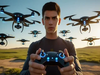 Uma pessoa em um ambiente externo, com um controle remoto e vários drones ao redor.