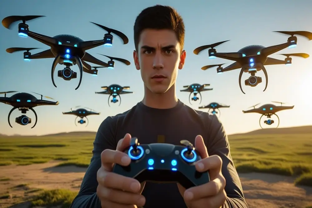 Uma pessoa em um ambiente externo, com um controle remoto e vários drones ao redor.