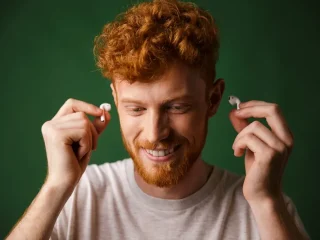 Uma pessoa colocando fones de ouvido Bluetooth em um fundo verde.