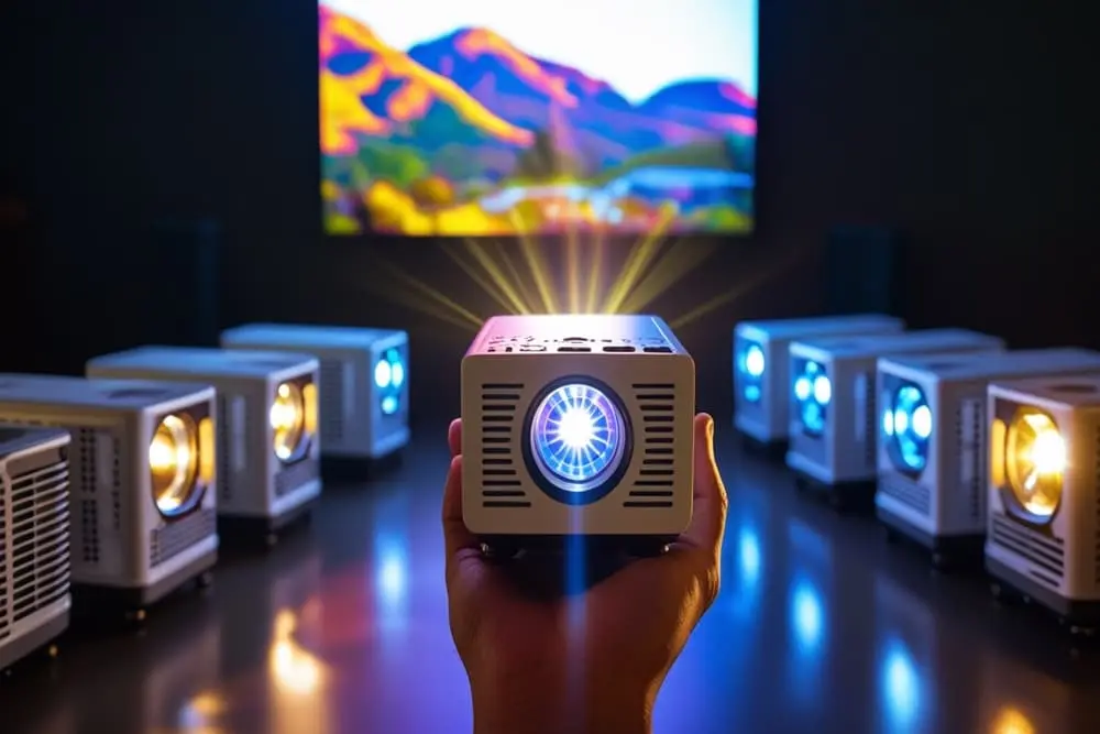 Uma mão segurando um projetor portátil.