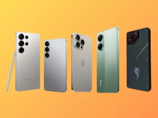 5 smartphones de diferentes marcas e modelos em um fundo gradiente.