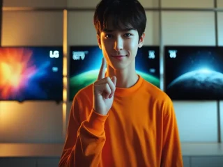 Uma pessoa vestindo uma blusa cor laranja e ao fundo televisores de tela plana.