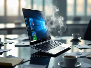 Um notebook sobe uma mesa de escritório saindo fumaça.