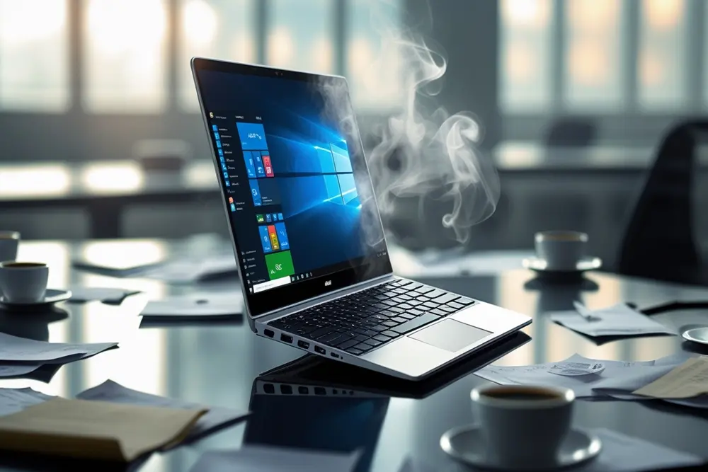 Um notebook sobe uma mesa de escritório saindo fumaça.
