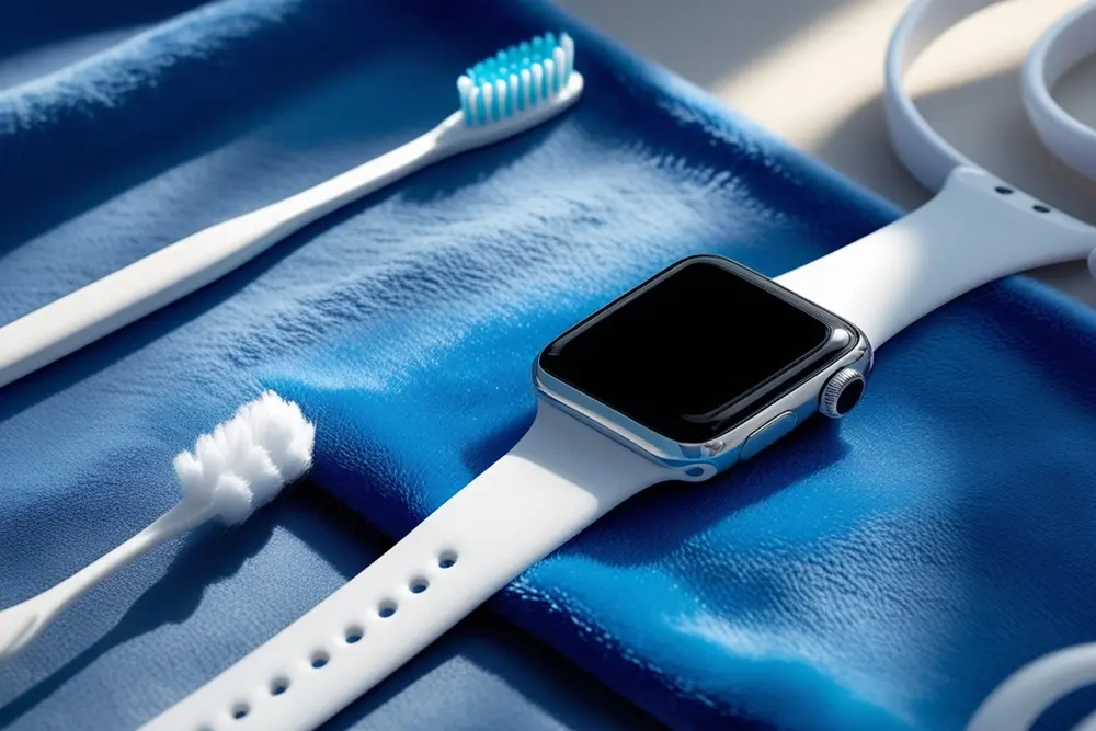 Uma Apple Watch sobre um pano azul com uma escova e um cotonete ao lado.
Como Limpar o Apple Watch