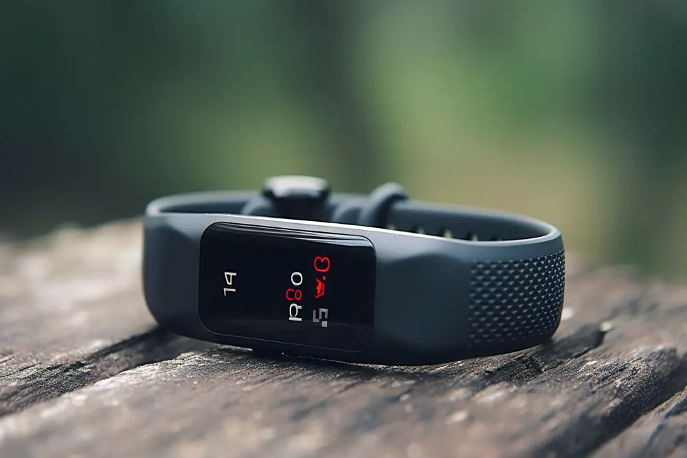 Uma smartband sobe uma mesa de madeira. Smartband Custo-benefício