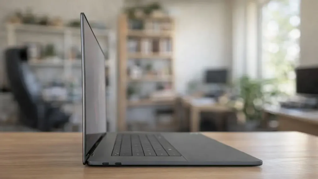 Dell xps 16 sobe uma mesa de madeira fundo home office desfocado.