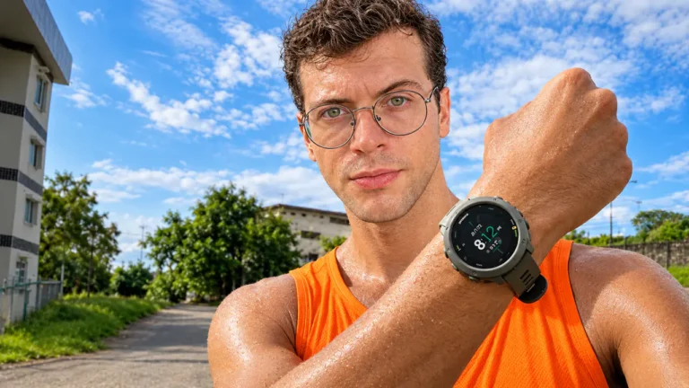 Uma pessoa usando oculos e camiseta com um relogio garmin forerunner 55 no pulso