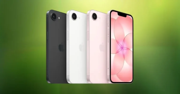 iphone 17e em cores variadas em um fundo verde desfocado.