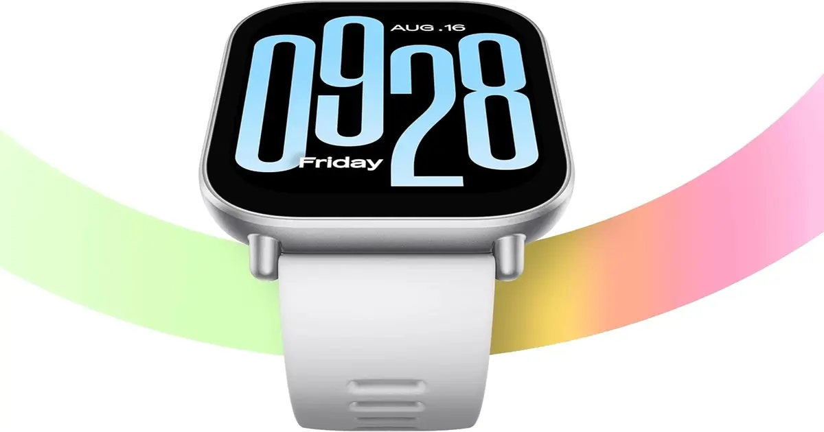 Relógio Redmi Watch Active em um fundo branco com listras coloridas em verde, amarelo e rosa.