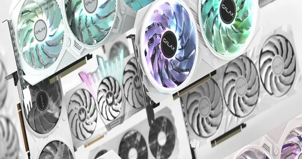 Várias placas de vídeos galax espelhadas formando um mosaico.