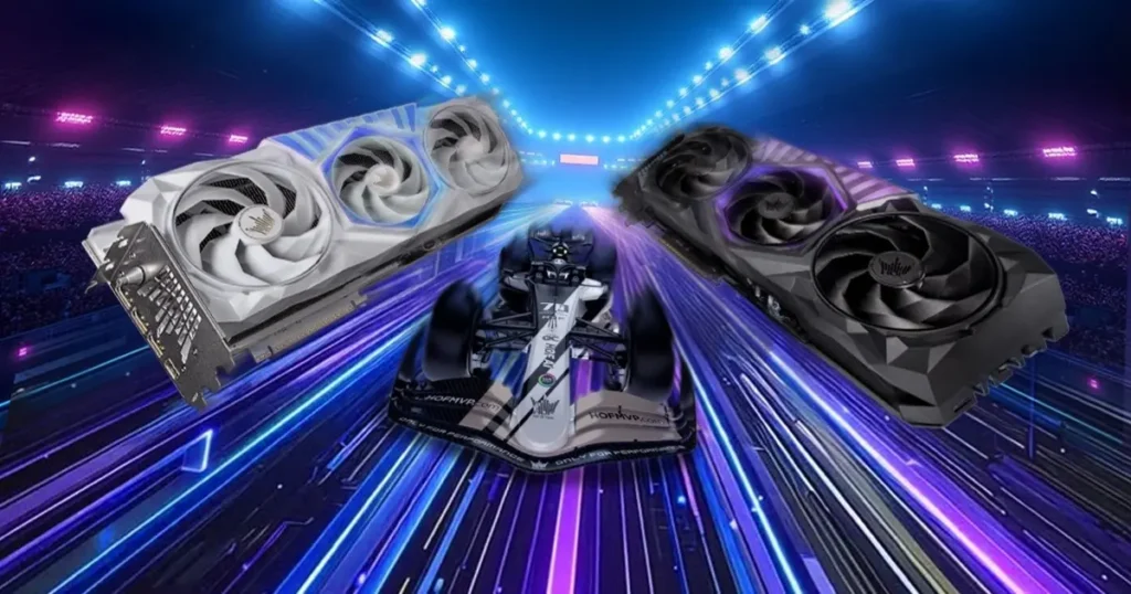 Imagem de duas placas de vídeo galax nas cores preto e branco com carro de formula um ao centro em um fundo neo.
