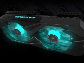 Placa de vídeo Galax com leds verdes em um fundo escuro