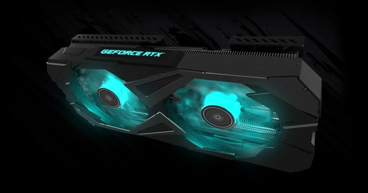 Placa de vídeo Galax com leds verdes em um fundo escuro