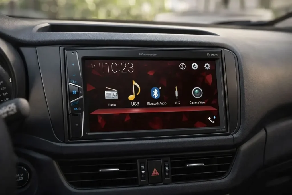 Central multimidia Pioneer DMH-G225BT em destaque no console do carro com iluminação natural.