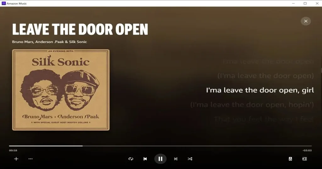 capa do album Silk Sonic Bruno Mars exibino no app amazon music sem anuncios.