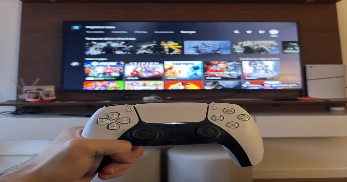 DRM Playstation, mão segurando joystick dual shock cor branco ao fudo tela inicial jogo.