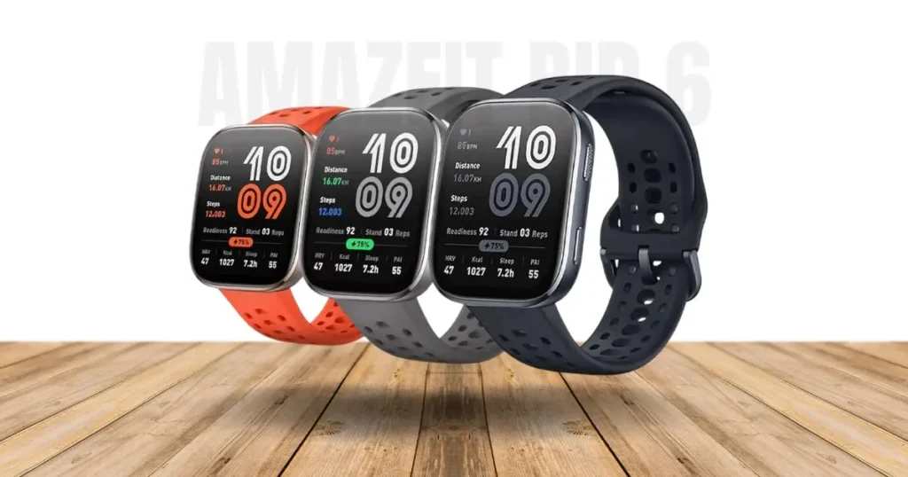 Amazfit Bip 6 em um fundo branco com pulseiras de cores diferentes.