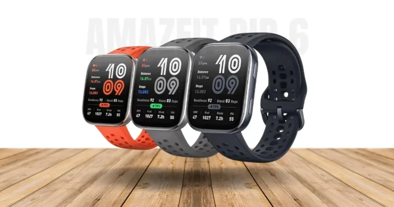 Amazfit Bip 6 em um fundo branco com pulseiras de cores diferentes.