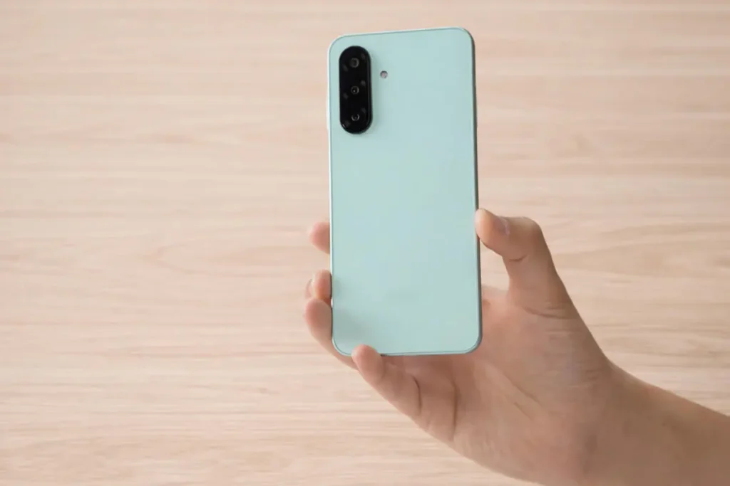 Celular Samsung Galaxy A26, cor branco, em um fundo mesa de madeira em tons claros.