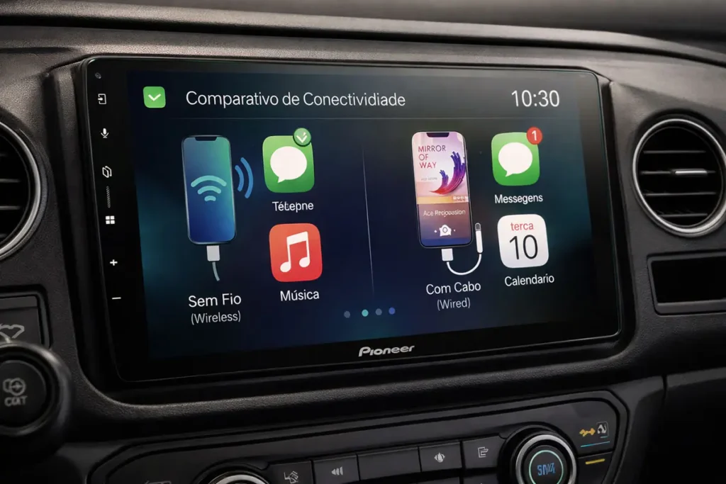 Central multimídia Pioneer DMH-AP6650BT com CarPlay sem fio ativo no painel — Comparativo de Conectividade