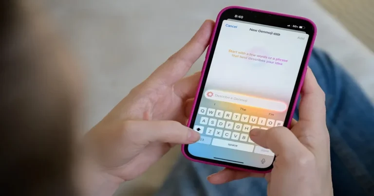 Uma pessoa com a tela do ios 27 aberta usando modelo de ia em um fundo disfocado.