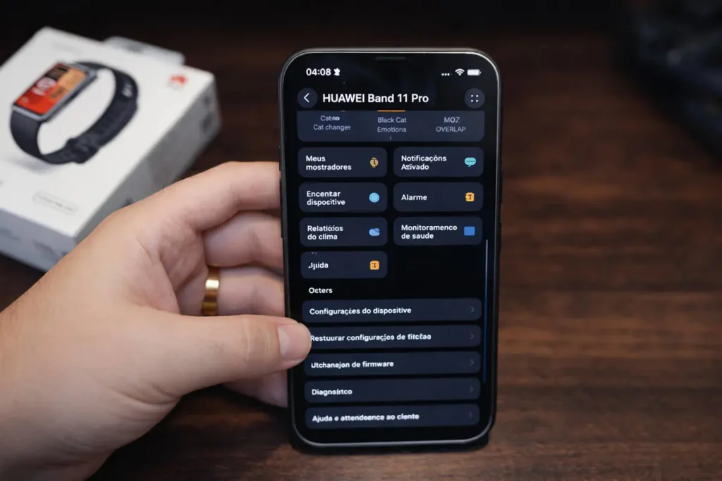 Aplicativo Huawei band 11 pro aberto em um iPhone 15 em um fundo de madeira desfocado.