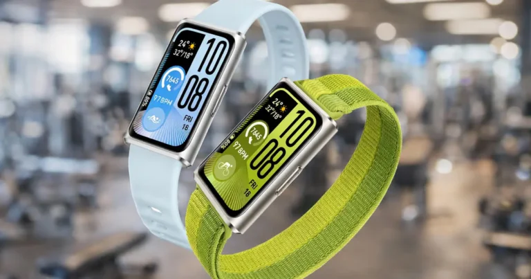 Huawei band 11 pro em um fundo de academia desfocado.