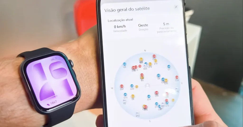 HUAWEI WATCH FIT 5: O smartwatch que entrega muito pelo preço 2 Huawei Watch Fit 5 exibindo tela de treino com mapa de corrida e dados de frequência cardíaca em tempo real - Review GPS