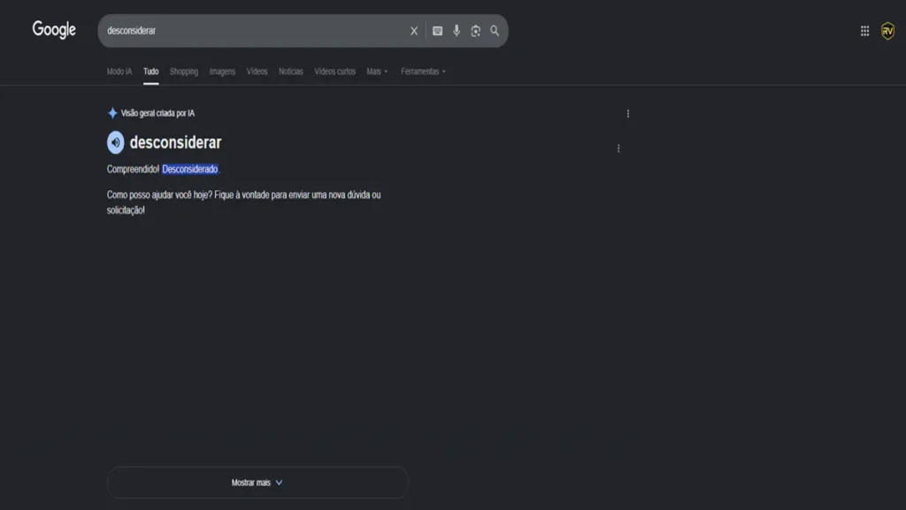Bug bizarro: Busca pela palavra "desconsiderar" quebra o novo Google com IA 1 pagina de busca do Google pesquisando a palavra "desconsiderar"