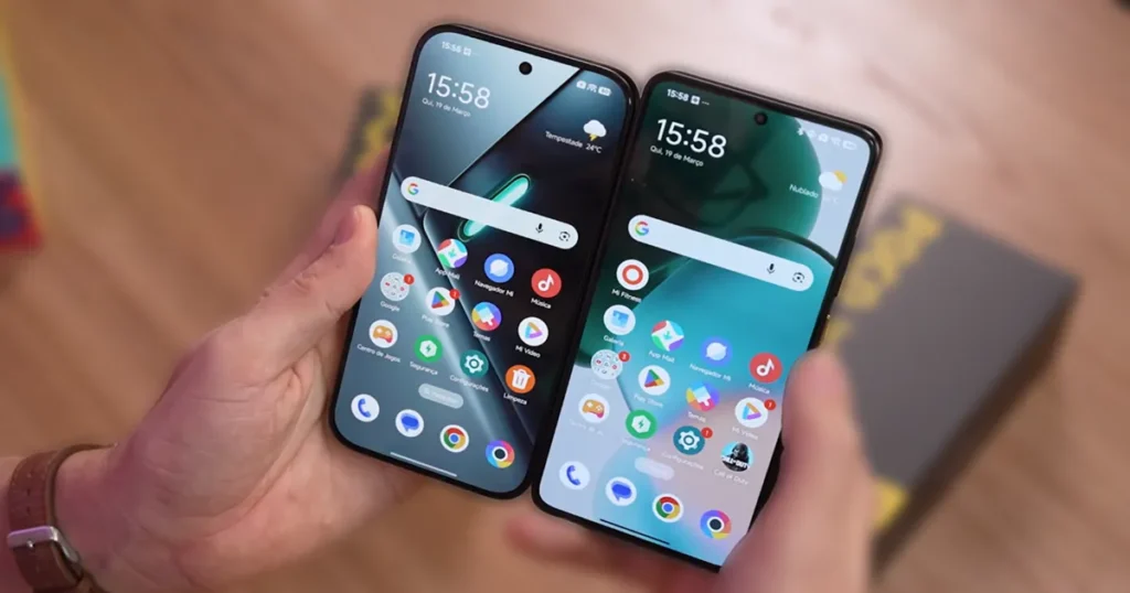 Poco X7 Pro ou X8 Pro? A resposta pode surpreender 3 Poco X7 Pro vs Poco X8 pro comparando as telas lado a lado em um fundo desfocado.