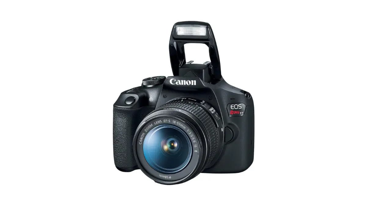 5 Câmeras Mirrorless Custo-benefício Para Iniciantes - Guia 2026 14 Câmeras Mirrorless modelo Canon EOS Rebel T7+ em um fundo branco