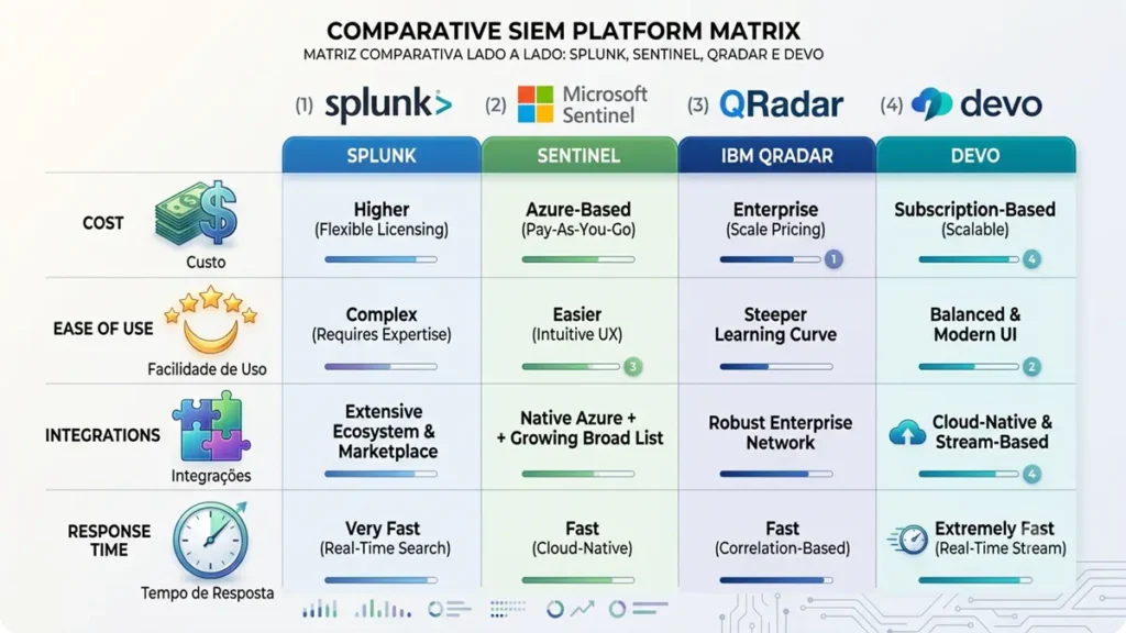Matriz comparativa lado a lado: Splunk, Sentinel, QRadar e Devo. Ícones representando custo (cifrão), facilidade (estrela), integrações (quebra-cabeça) e tempo de resposta (relógio). Estilo infográfico clean, cores corporativas.
