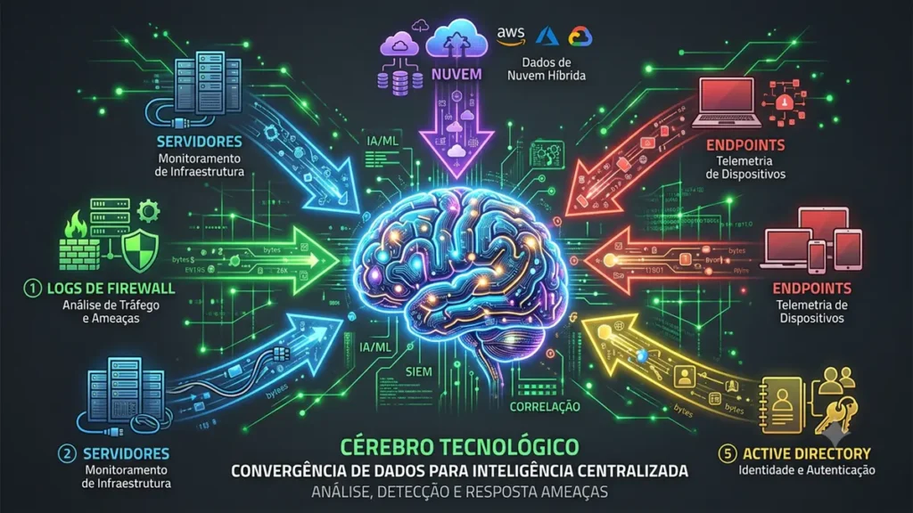 Diagrama mostrando setas coloridas entrando em um núcleo central: logs de firewall, servidores, nuvem, endpoints e Active Directory convergindo para um grande cérebro tecnológico. Fundo cinza escuro com traços verdes indicando fluxo de dados.