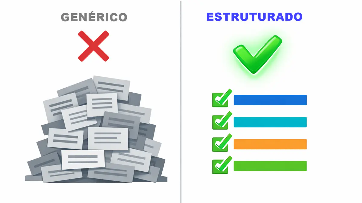 Comparação entre resposta genérica e resposta de um prompt perfeito para IA com formato e tom especificados.