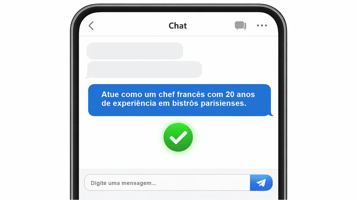 Exemplo de prompt perfeito para IA com papel definido na tela do celular com confirmação verde.