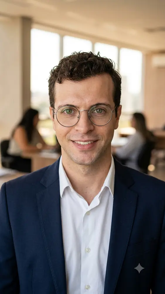Prompt para foto profissional, homem 30 anos usando óculos, camisa branca e terno azul marinho em um fundo de escrtório desfocado.
