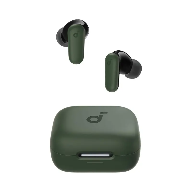 Fone de ouvido Bluetooth Anker Soundcore P30i cor verde em um fundo branco.