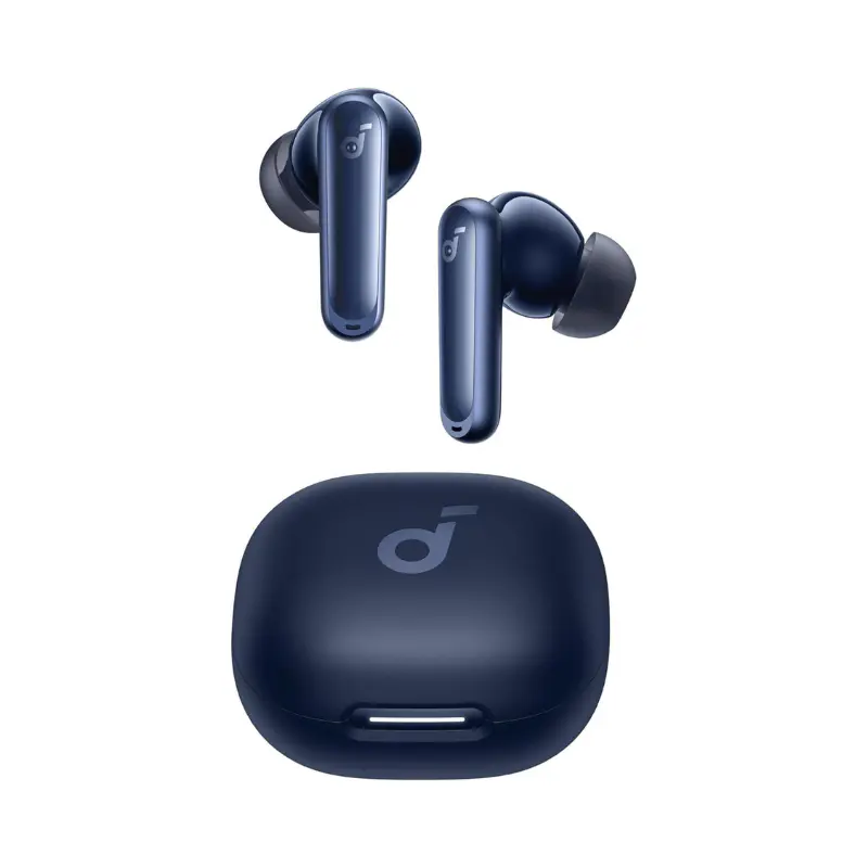 Fone de ouvido Bluetooth Anker Soundcore P40i cor azul em um fundo branco.