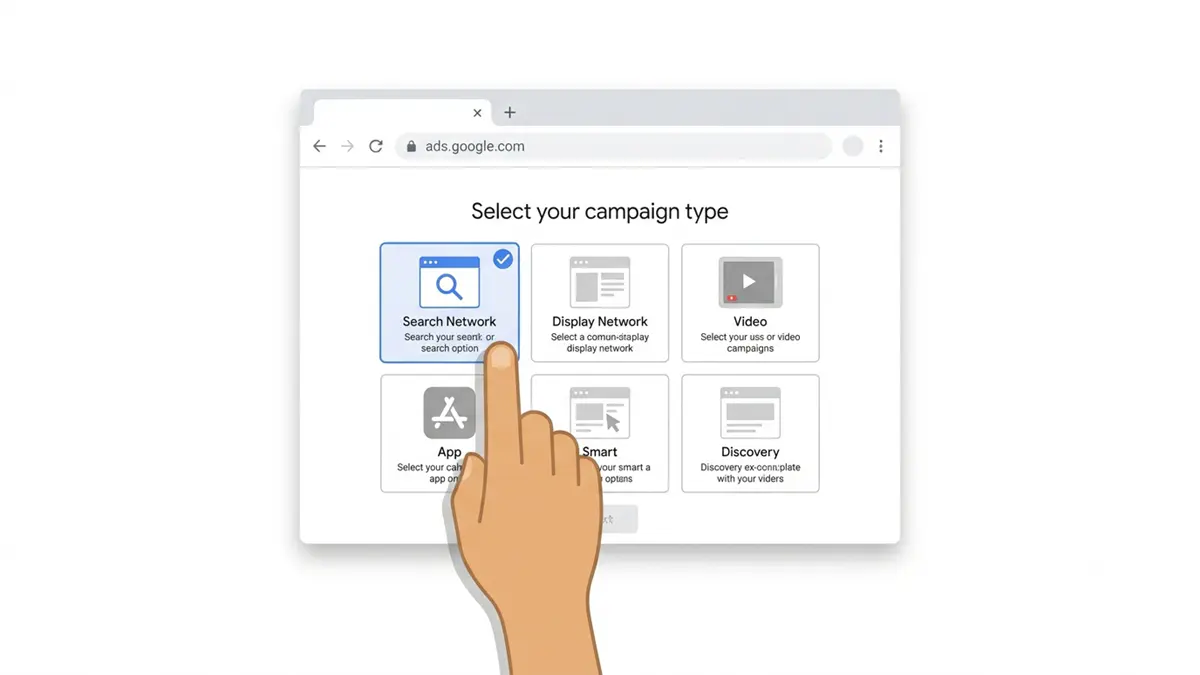 Google Ads: O que é, como anunciar? Guia para iniciantes 2026 2 Tela de seleção de tipo de campanha no Google Ads com Rede de Pesquisa selecionada