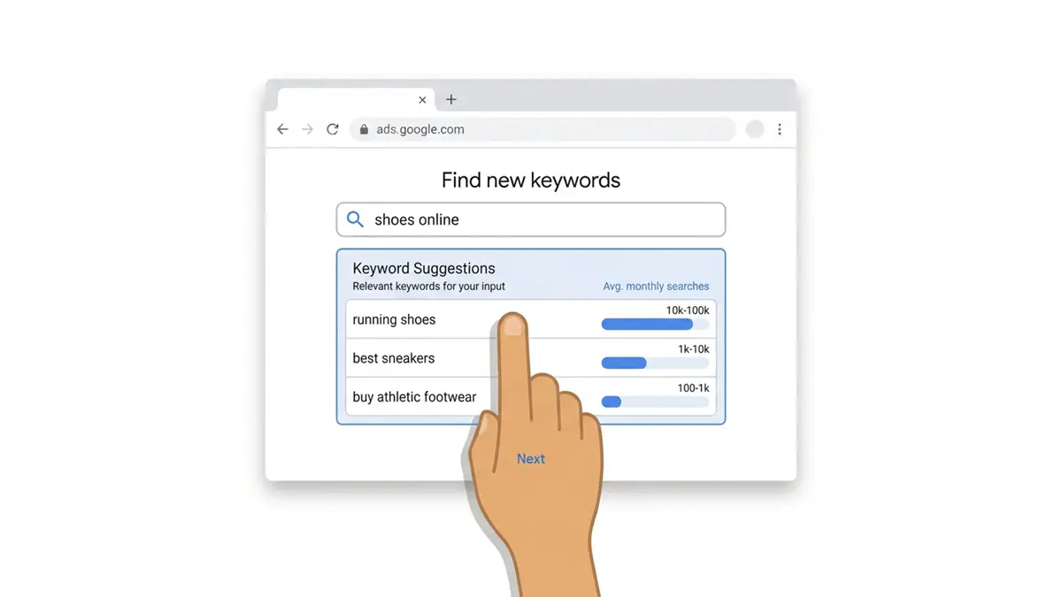 Google Ads: O que é, como anunciar? Guia para iniciantes 2026 3 Interface do Planejador de Palavras-chave do Google Ads com sugestões de termos