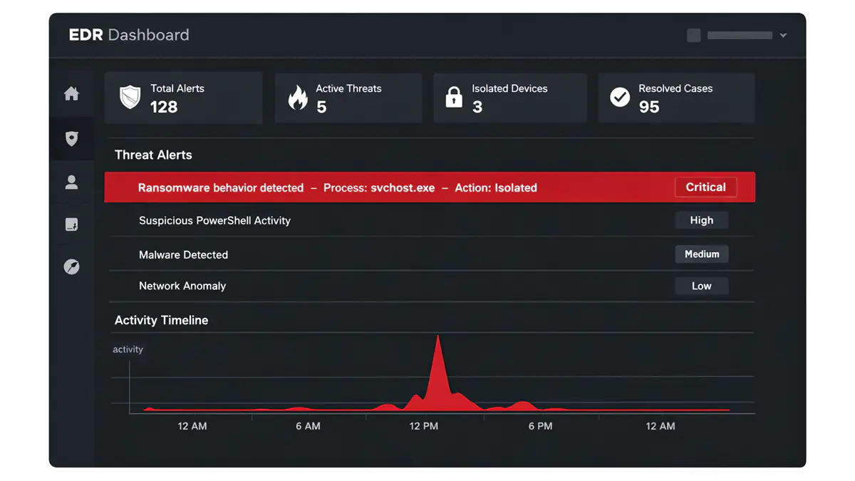 O que é Ransomware e como se proteger de verdade 3 Painel EDR detectando comportamento de ransomware em tempo real e isolando endpoint automaticamente