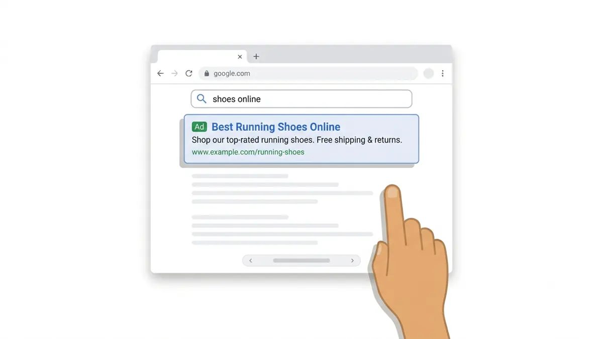 Google Ads: O que é, como anunciar? Guia para iniciantes 2026 4 Exemplo de anúncio no Google Ads aparecendo no topo dos resultados de busca