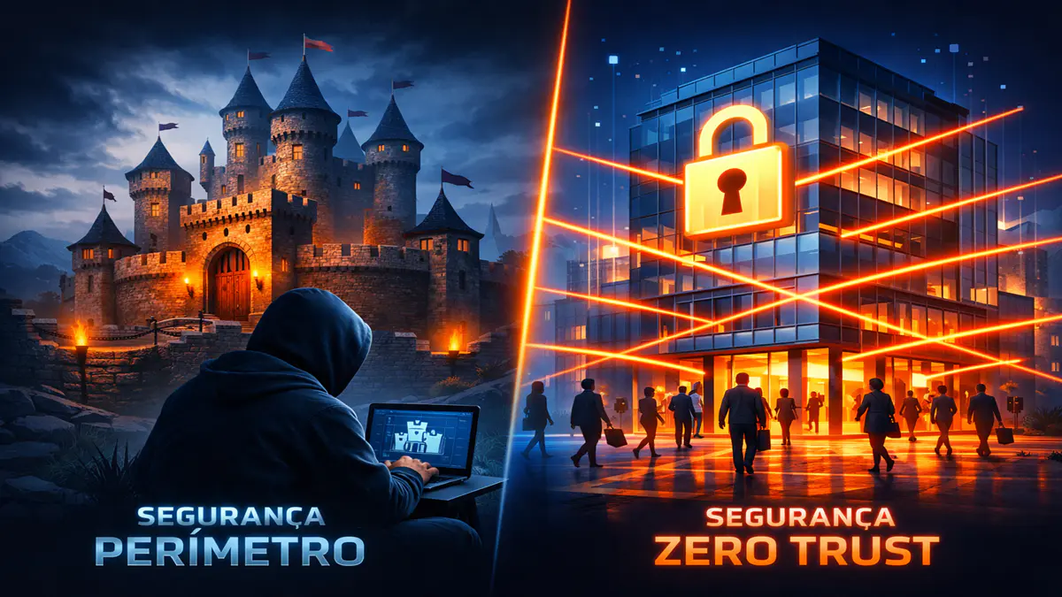 Ilustração moderna 3D mostrando um castelo medieval sendo ignorado por um hacker, enquanto ao lado um edifício corporativo moderno emite raios de verificação contínua. Contraste entre segurança antiga (perímetro) e Zero Trust. Tons azul escuro e laranja.