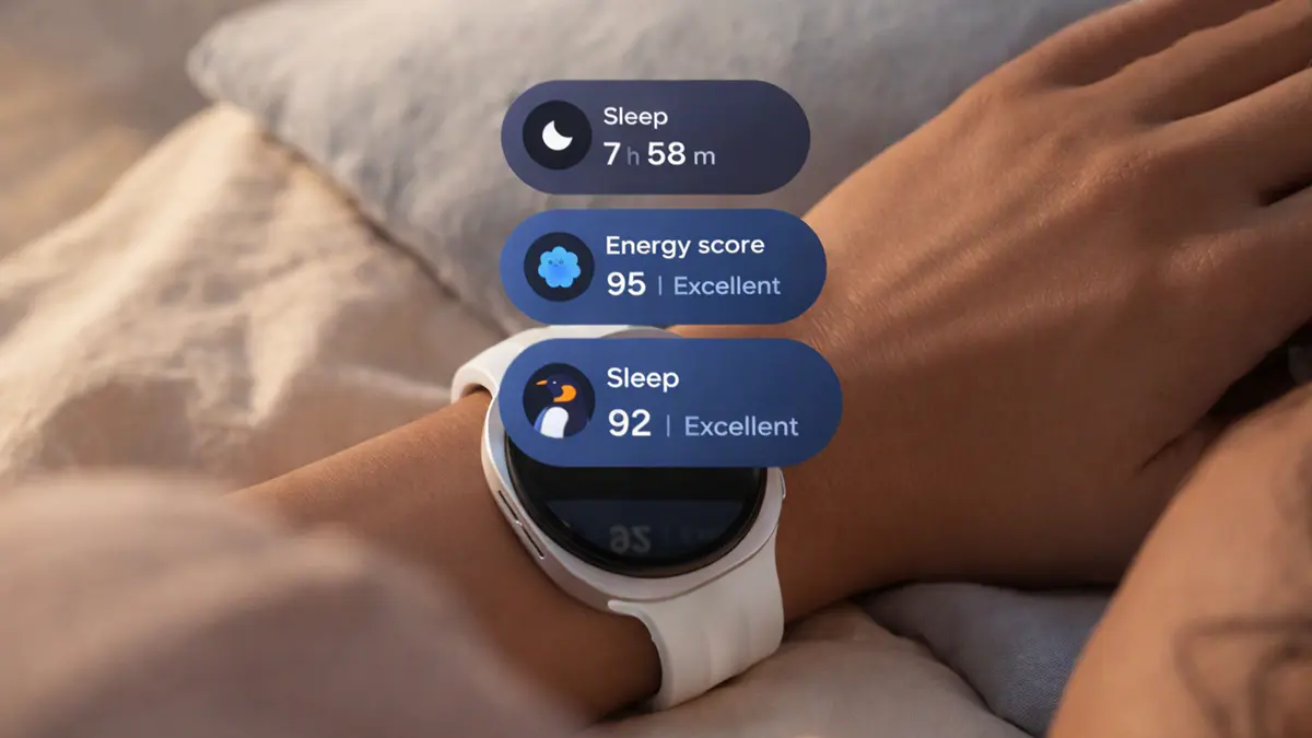 Smartwtach Samsung Galaxy Wtach9 no pulso de um pessoa com pops de notificações.