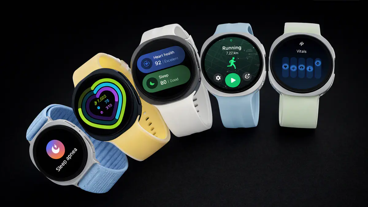 Várias watchfaces de apps do smartwatch Galaxy Watch9 em um fundo preto.