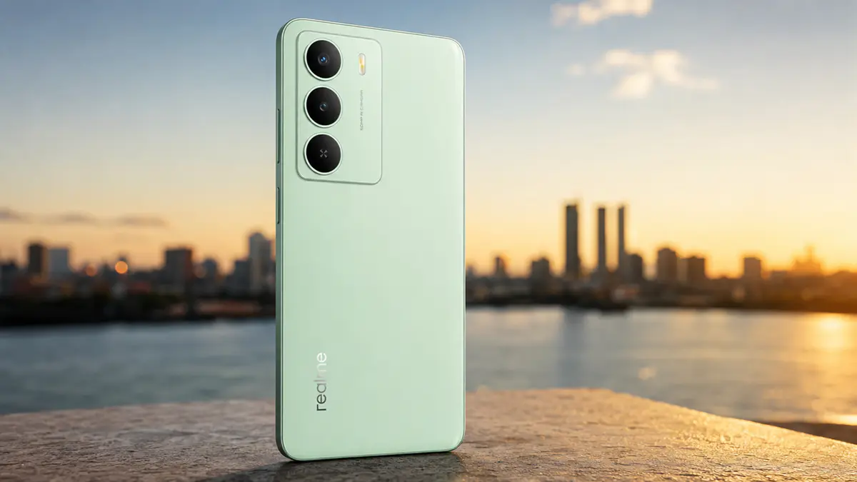 Celular bom e barato até 1000 reais Realme C71 5G em fundo cinemátic.