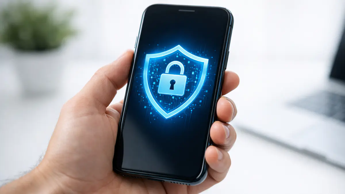 Spyware Pegasus: seu iPhone já foi invadido? 3 Mão segurando um smartphone exibindo um ícone de escudo de segurança ativado, tela com cadeado digital, ambiente clean e claro, estilo fotografia realista de tecnologia, foco raso, sem marcas ou textosproporção