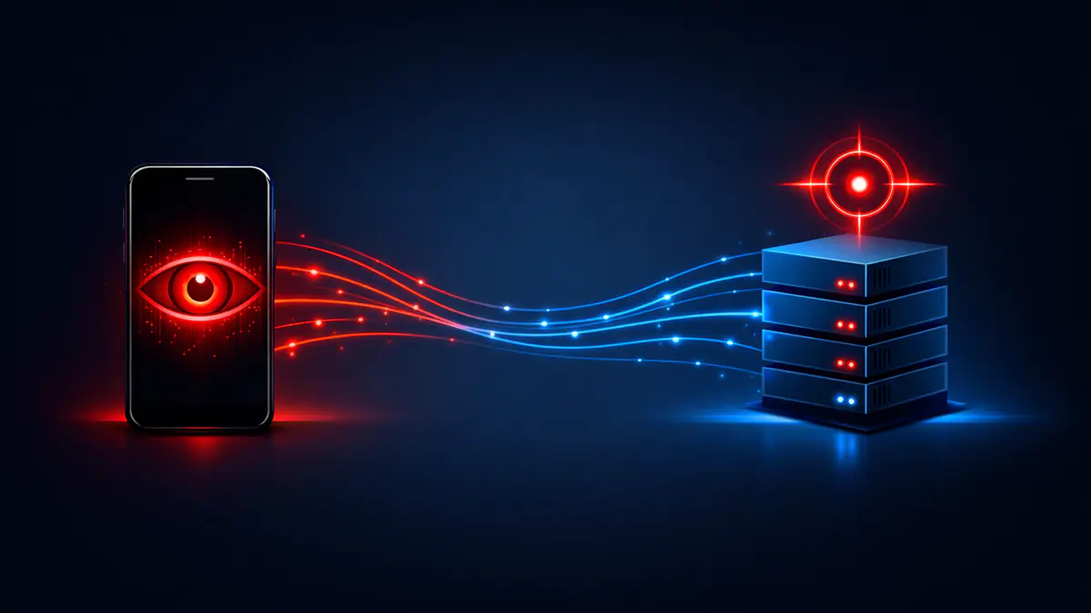 Spyware Pegasus: seu iPhone já foi invadido? 1 Ilustração digital minimalista mostrando um celular conectado por linhas de dados invisíveis a um servidor remoto, representando ataque zero-click, com ilustração de um pegasus, paleta azul e vermelho, estilo infográfico moderno, sem texto, fundo escuro proporção