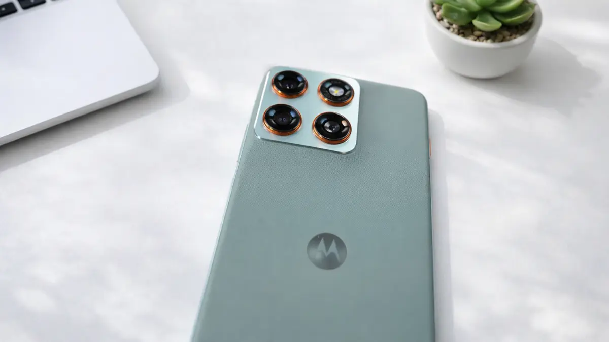 Moto Edge 70: Porque Todo Mundo Está Comprando? 5 moto edge 70 sobre uma mesa branca exibindo seu conjunto de câmeras trazeiras